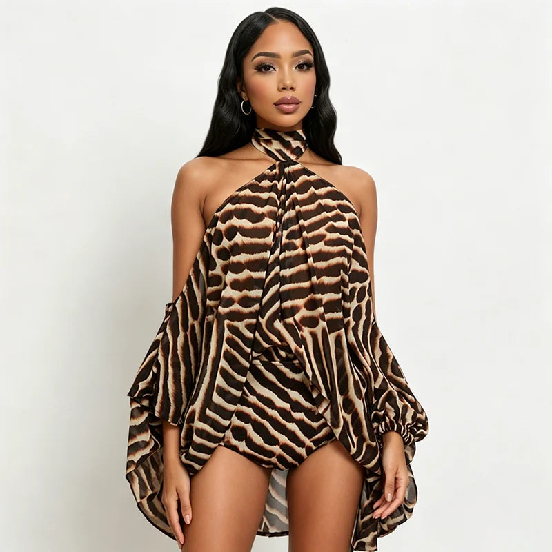 American style neck hanging off shoulder personalized top, tight shorts, printed two-piece set