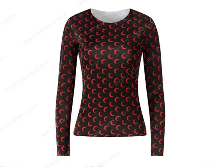Moon Printed Tshirt Graphic Top for Women Stretchy Slim Korean Fall Spring Long Sleeve Tees Y2k Grunge T-Shirt 2000s Clothes