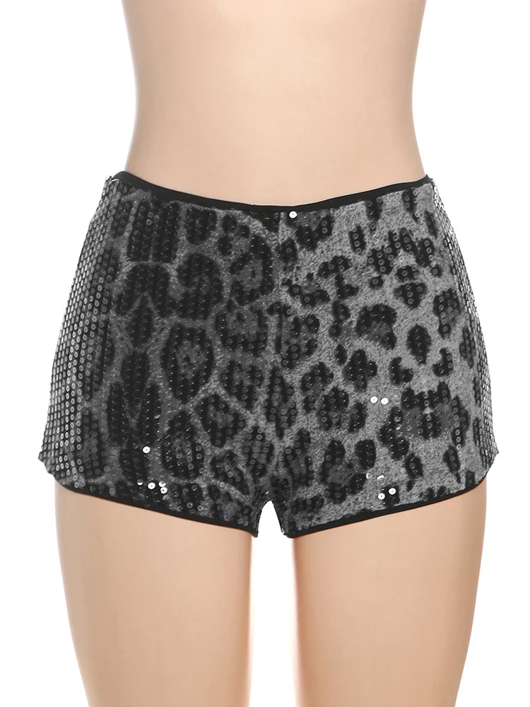 Weird Puss Leopard Print Mini Shorts Women Sequins Patchwork Wild Skinny Stretch Streetwear Autumn Midnight Sexy Trend Buttoms