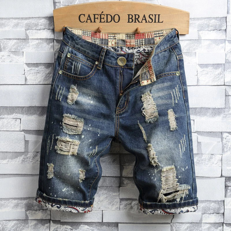 Brand Clothing New Summer Ripped Hole Denim Shorts Men Cotton Thin Straight Retro Biker Knee Length Short, Male Streetwear