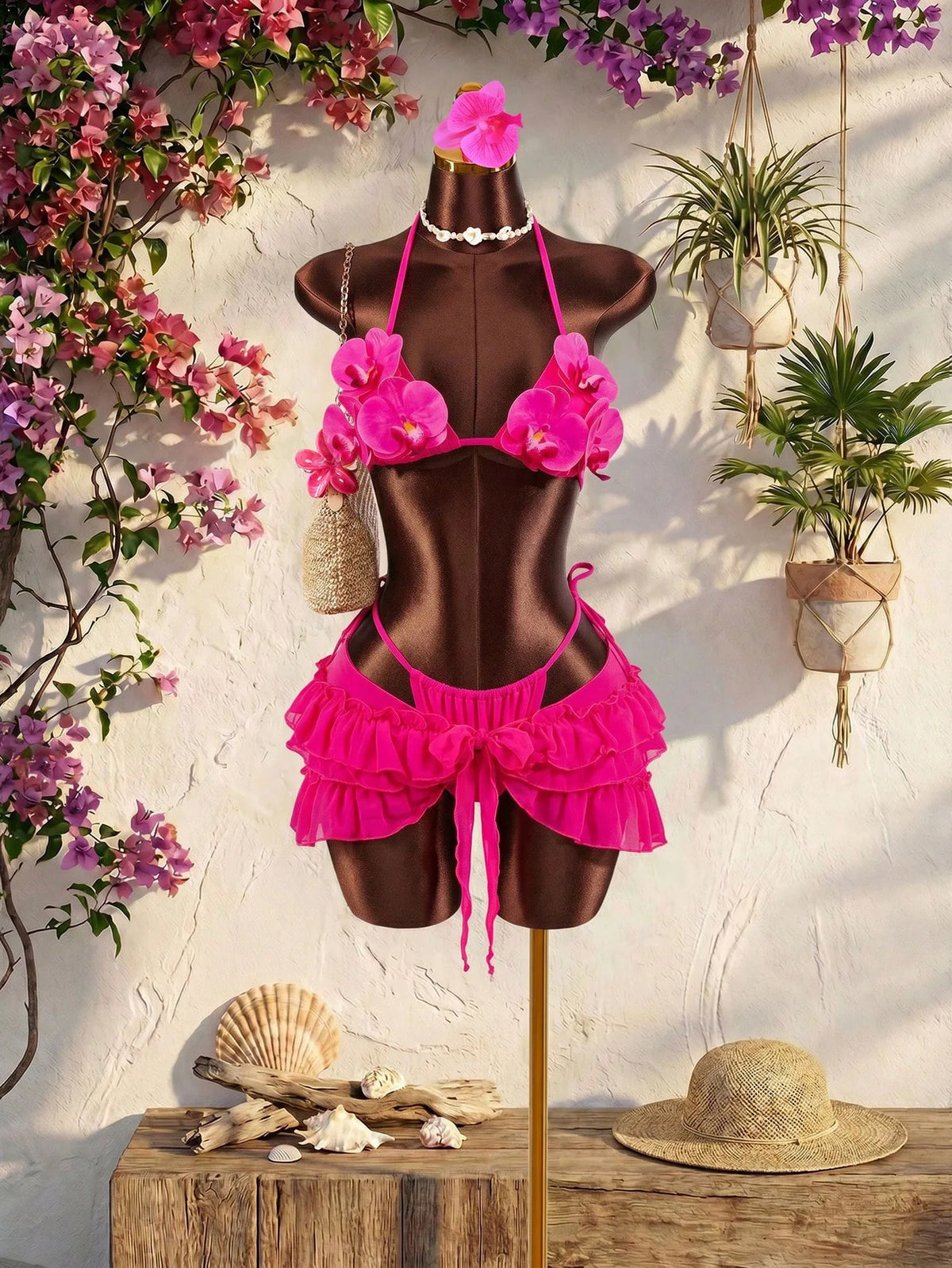 Sexy Pink 3D Floral Bikini Set Women Mesh Ruffle Cover Up 3 Piece Swimsuit 2026 Summer Push Up Bra Bathing Suit Holiday Swimwear