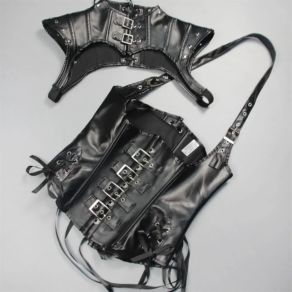 Faux Leather Corset Set Women's Steampunk Gothic Cosplay Game Armor Outfit Sexy Bustier Tops Nightclub Rave Costume