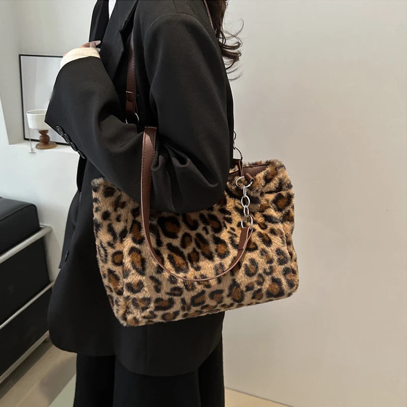 National Style Simple Women Leopard Tote Bag Lady Luxury Fluffy Shoulder Bag Chain Large Capacity Commuter Handle Bag