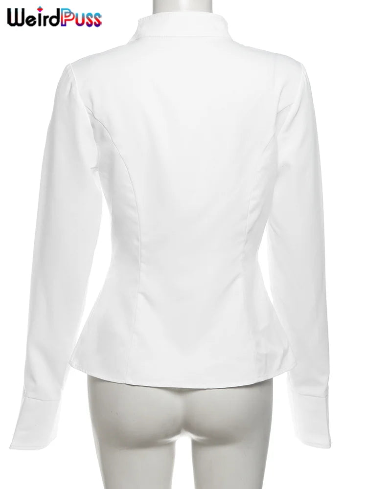 Weird Puss Casual Women 2Piece Set Autumn Trend Skinny Simple Daily Long Sleeve Crop Tops+Puffy Skirt Streetwear Matching Outfit