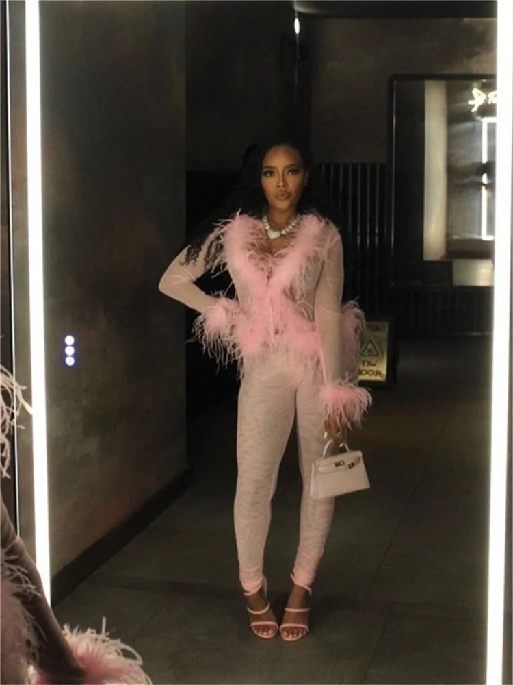 Weird Puss Sexy Fashion 2 Piece Set Women Fluff Patchwork Lace-Up Full Sleeve+Skinny Peach Hip Pants Club Coquett Trend Outfits