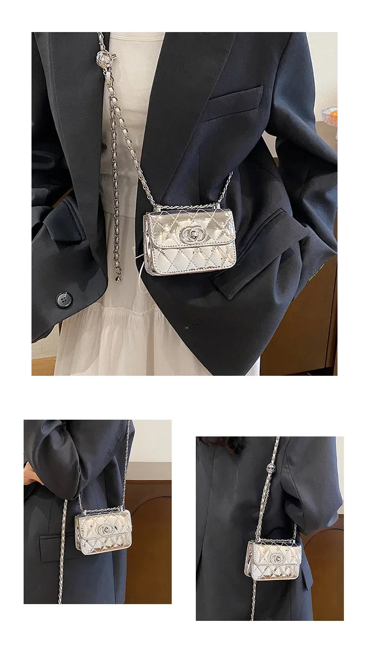 2025 New Arrival Eye - Catching Laser - Patent Mini Crossbody with Gleaming Glossy Chain Strap, Convenient Lipstick Holder