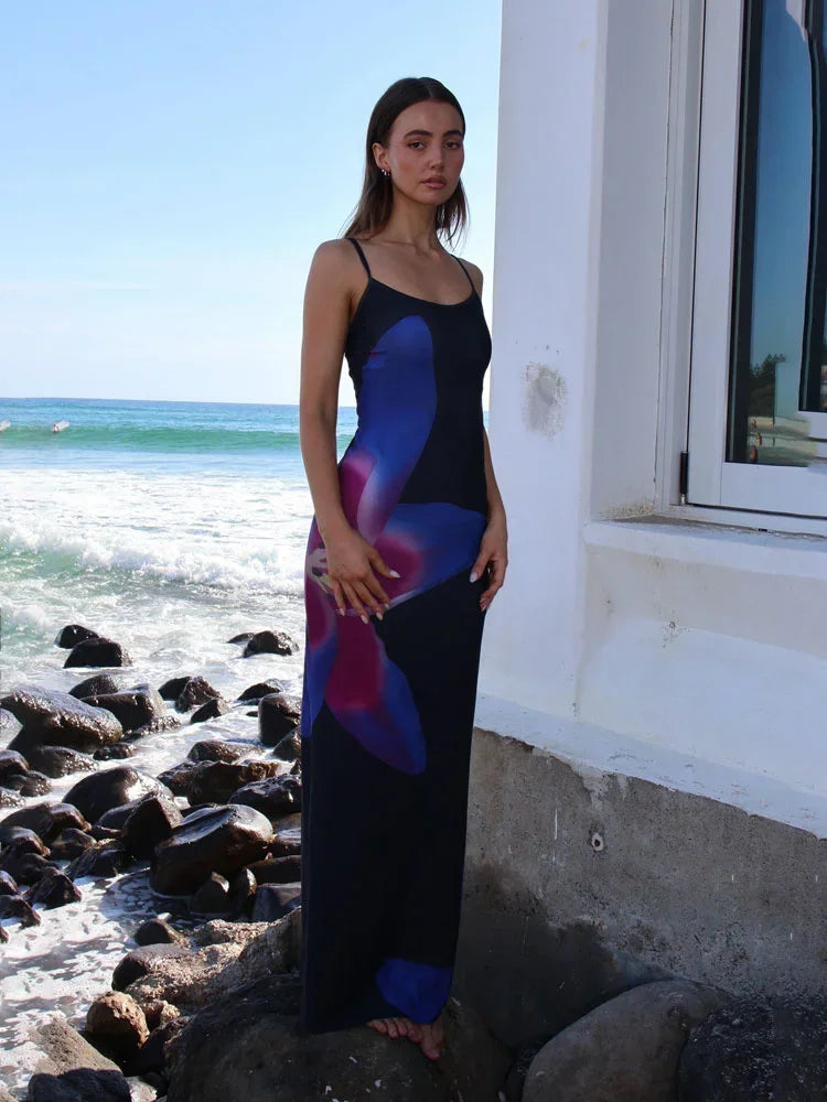 Elegant Printed Backless Long Dress Summer Women's Fashion Contrast Color Party Dress Patchwork Suspender Long Dress 2024 New