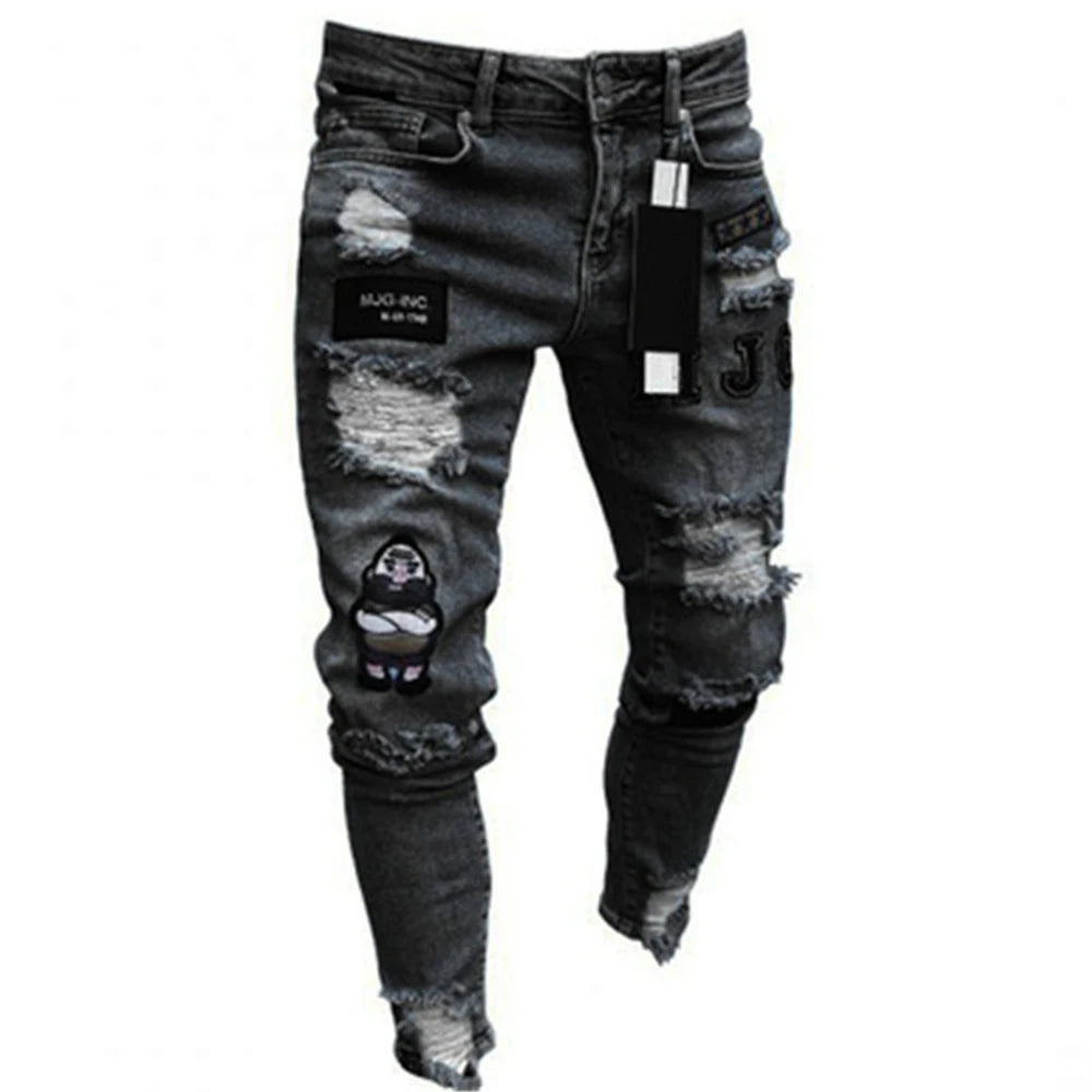 White Embroidery Skinny Ripped denim Men Cotton Stretchy Hole Slim Fit Hip Hop Denim Pants Casual Jeans for Men Jogging Trousers