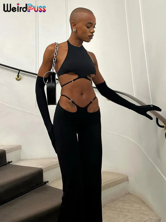 Weird Puss Hollow Straps 2 Piece Sets Woman Summer Sexy Solid Halter Backless Tops+Sequined Flared Pants Party Skinny Outfits