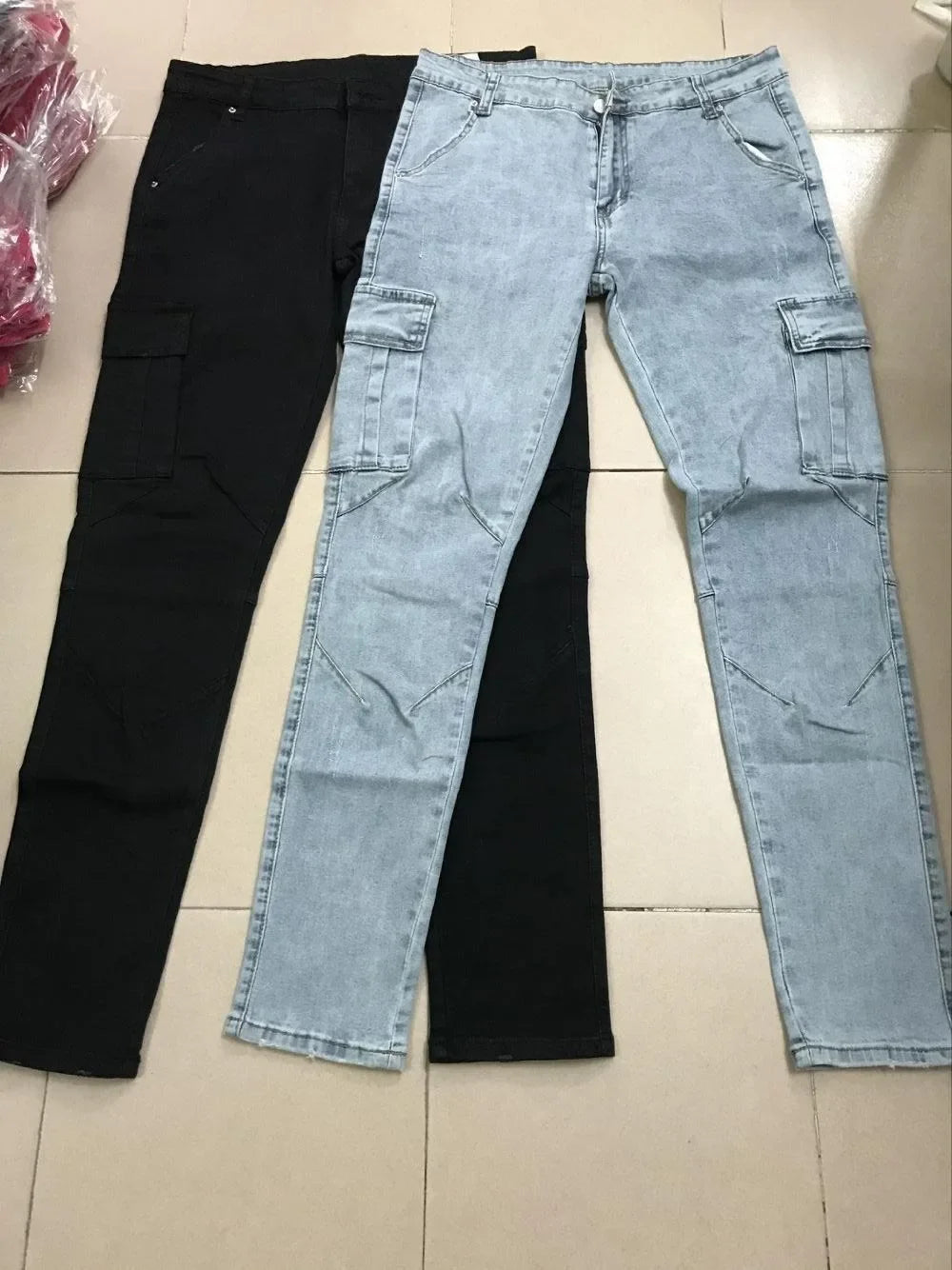 Men Street Elastic Denim Wash Solid Color Multi Pockets Cargo Pants Casual Slim Fit Daily Wear Joggers Mid Waist Trousers