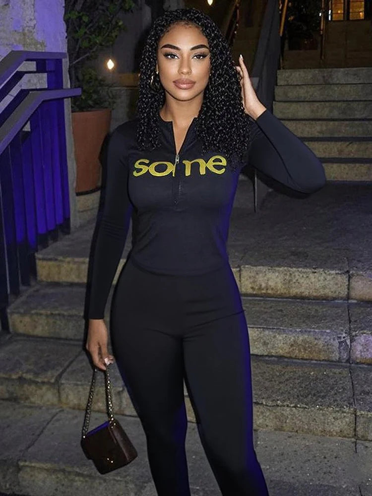 Weird Puss Casual Sporty Women2 Piece Set Letter Print Zip Crop Tops+Leggings Matching Street Stretch Skinny Streetwear Outfits