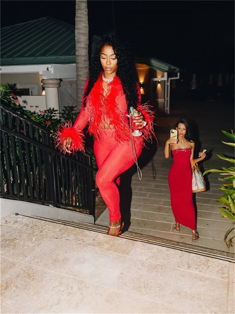 Weird Puss Sexy Fashion 2 Piece Set Women Fluff Patchwork Lace-Up Full Sleeve+Skinny Peach Hip Pants Club Coquett Trend Outfits