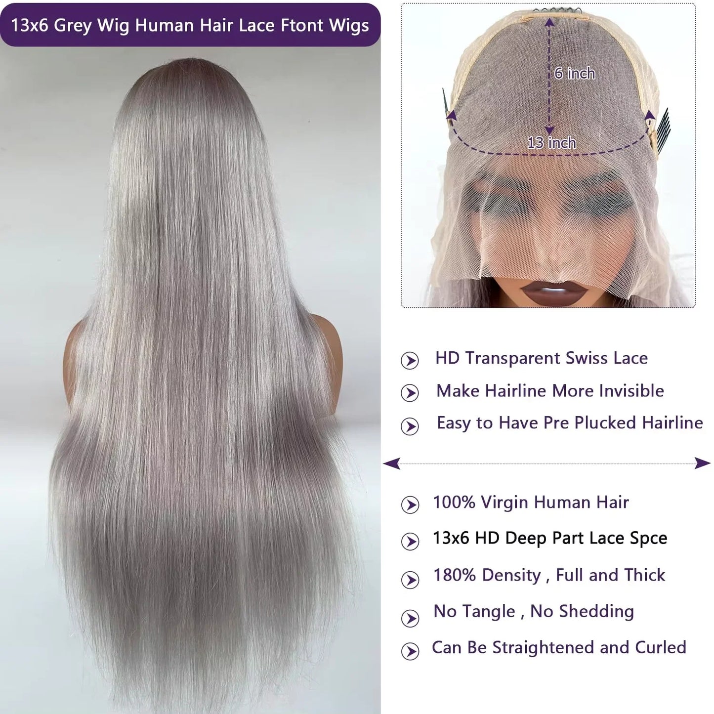 250% Grey Straight Lace Frontal Human Hair Wig 13x6 HD Transparent Lace Front Wigs Silver Gray Color Pre Plucked Human Hair Wig