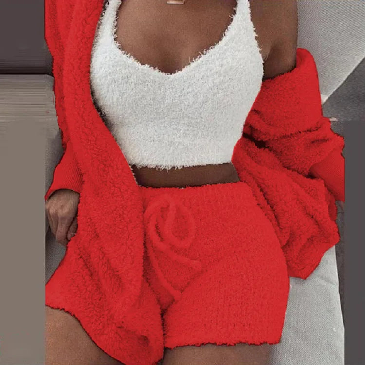 Fluffy Pajamas Set for Women Casual Sleepwear Tank Top and Shorts Plus Size Hoodie Leisure Homsuit Winter Teddy 3 Pieces Pijamas