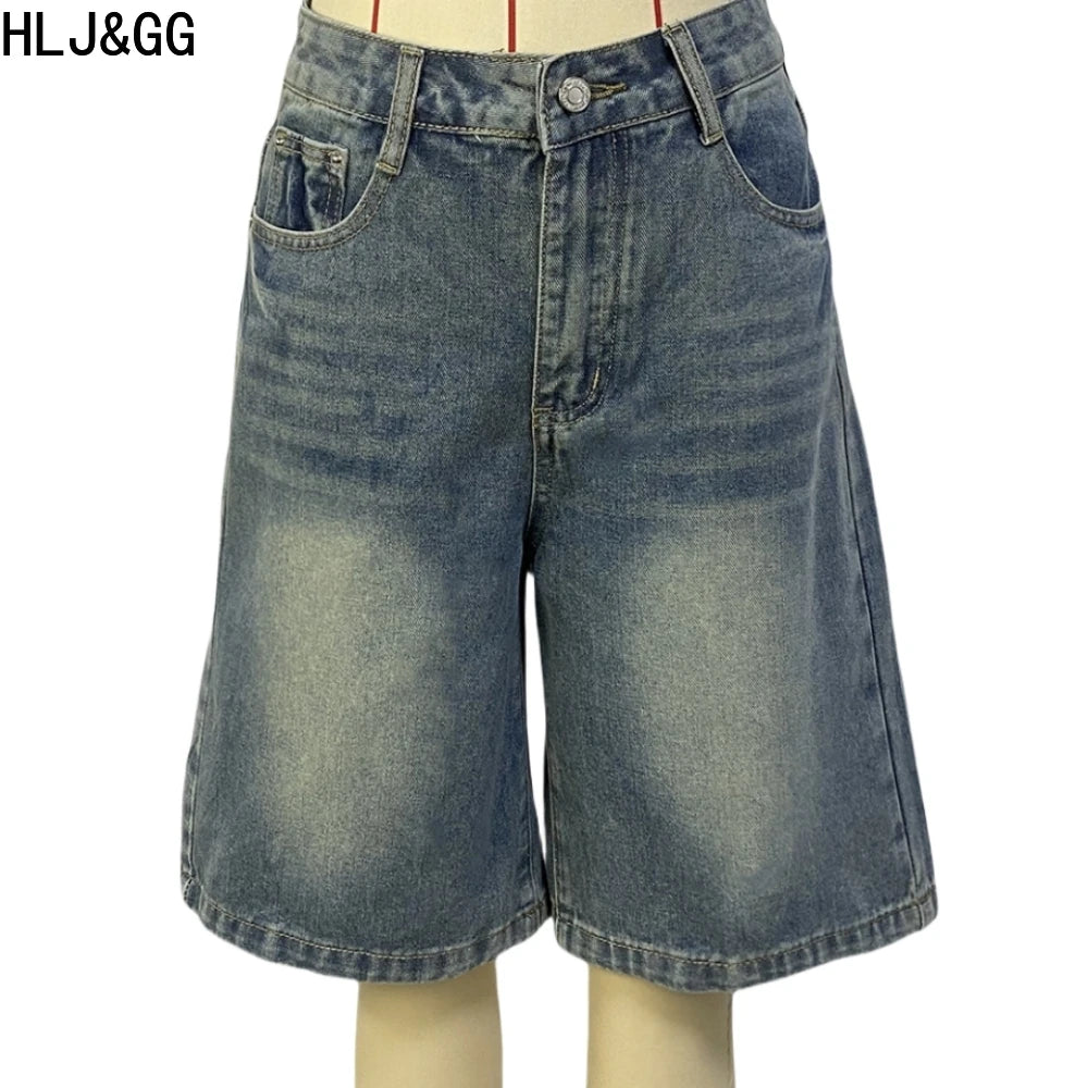 HLJ&GG Blue Retro Fashion jeans Two Piece Sets Women One Shoulder Short Sleeve Crop Top+Jeans Shorts Outfits Fashion Streetwear
