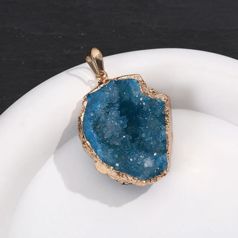Natural Crystal Agate Geode Pendant Gemstone Dyeing Colorful Cluster Golden Edge Irregular Stones Charms DIY Jewelry Making Gift