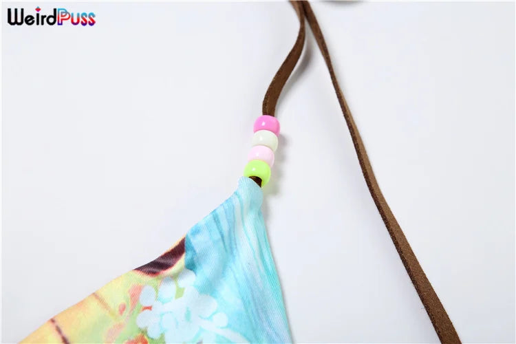 Weird Puss Beach Style Women 2 Piece Set Y2K Vacation Swimsuit Colorful Pearl Halter Bikini Bra+Panties Party Matching Clubwear