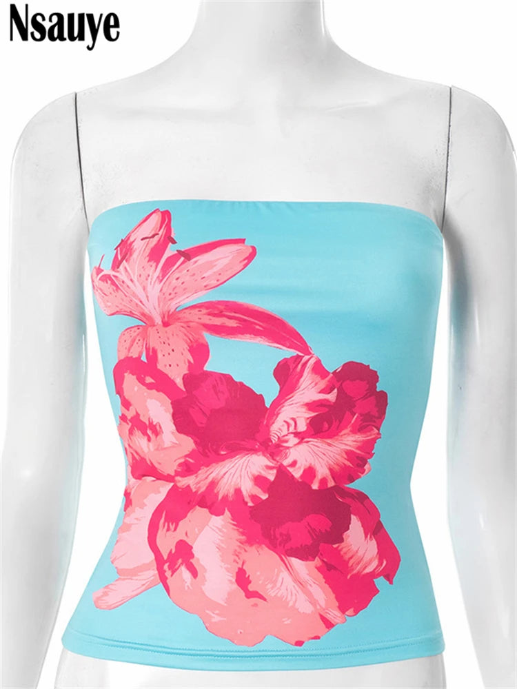Nsauye 2025 Fashion Women Summer Y2K Clothes Skinny Floral Print Mini Tube Tank Tops Sleeveless Sexy Club High Street Crop Tops