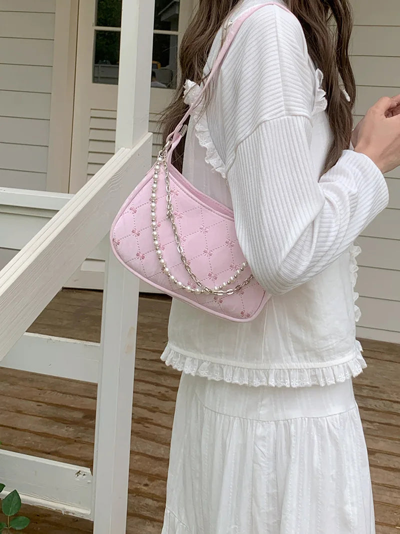 Pink Shoulder Bag Elegant Cute Bow Pearl Chains Bow Embroidery Handbag Casual Leather Korean Fashion Female Handbag