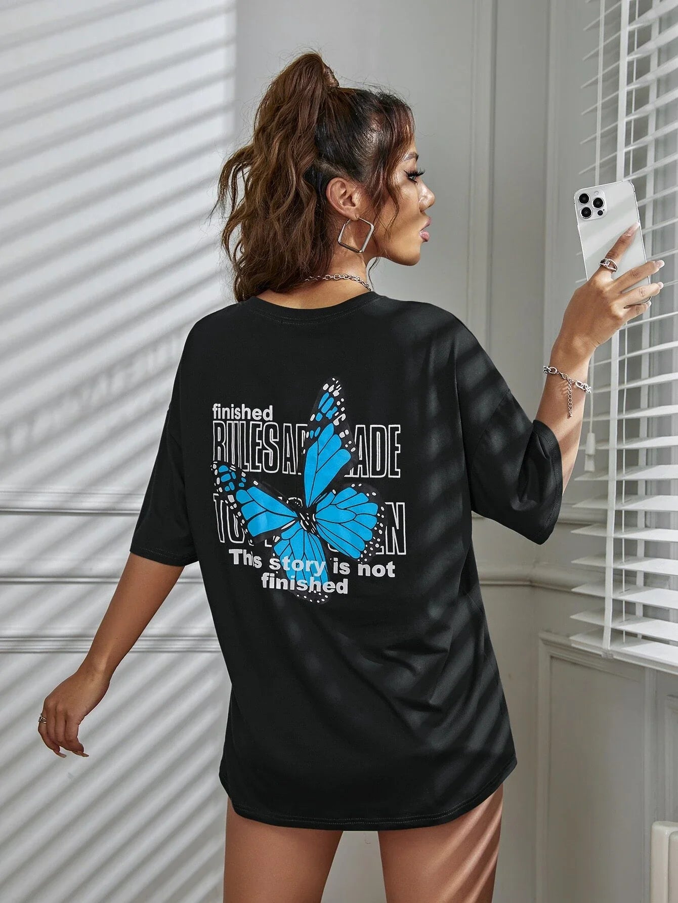 Art Word and Blue Butterfly Printed Women T-Shirt Casual Cotton Short Sleeve Breathable Summer T Shirt Street  Clothing