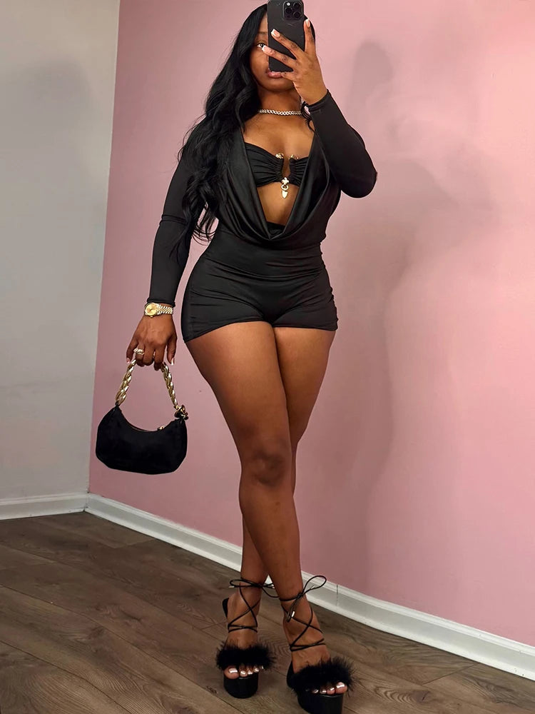 Swing Collar Romper & Metal Buckle Bra Set — Women's Party