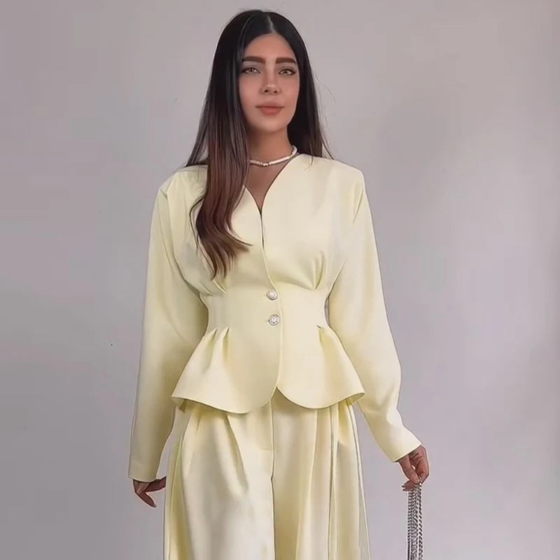 Fashion Solid Two-Piece Set Women V-Neck Ruffle Hem Waist-cinching Coats Bow Lace Up Wide Leg Pants 2026 Autumn New Lady Outfit