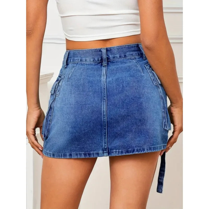 High Waisted jeans Mini Skirt with Pockets and Straps Women's Trendy Casual Y2K Korean Style Washed Skirt