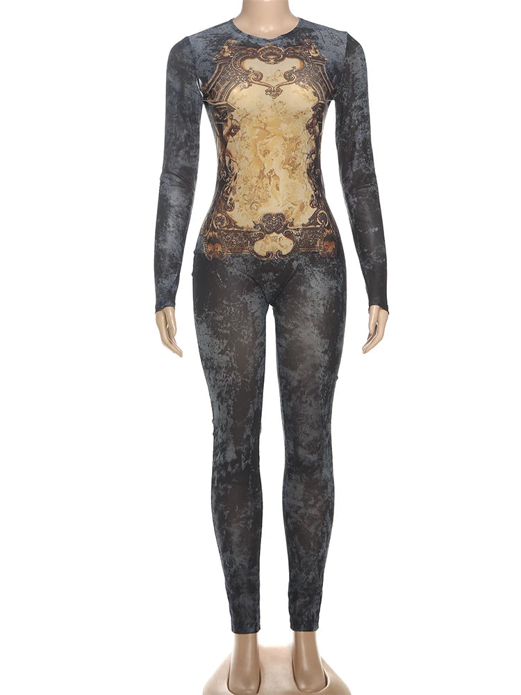 Weird Puss Tie-Dye Print Jumpsuit Women Fitness Stretch Tight Sexy o-Neck Full Sleeve Skinny Streetwear Autumn Zip Slim Overalls