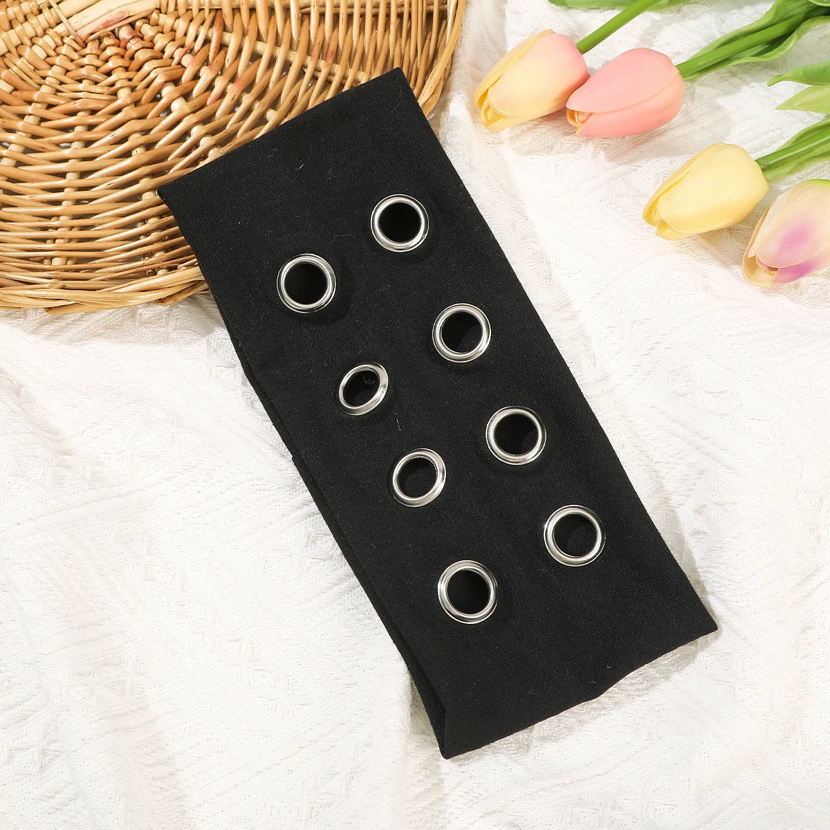 AWAYTR Punk Girl Fabric Hollow Elastic Headbands Metal Rock Personalized Hollow Eyelets Hair Band Casual Sports Grommet Headband