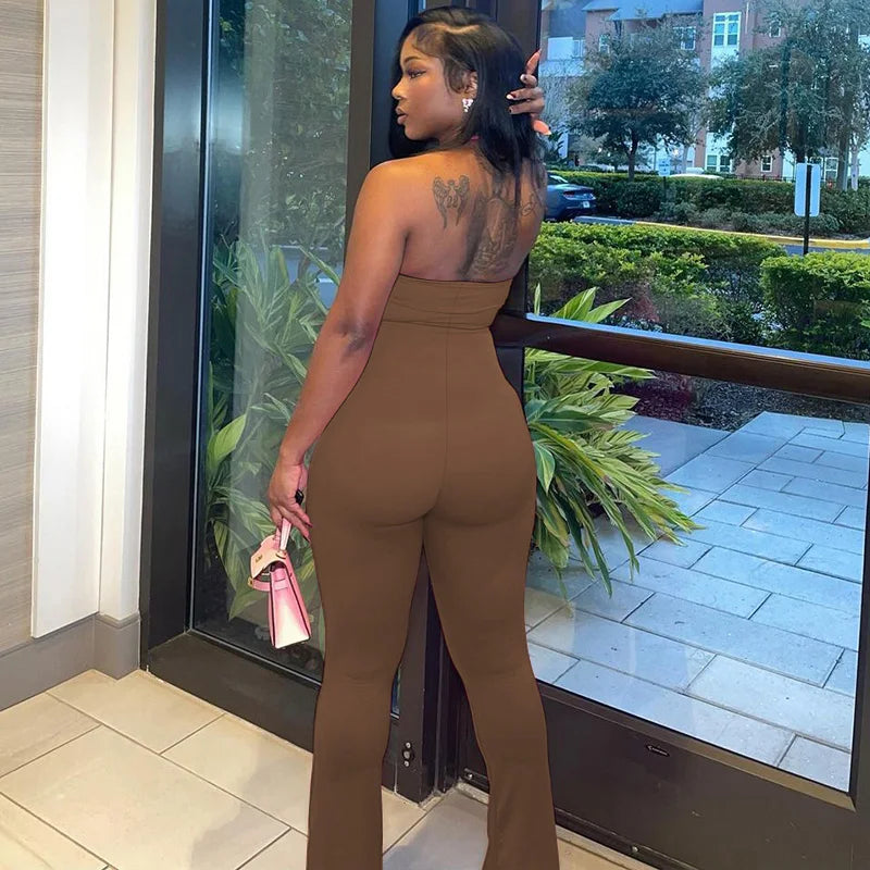 Hugcitar 2025 Spring Halter Solid Sleeveless Backless Sexy Bodycon Flare Pants Jumpsuit Women Casual Rompers Streetwear Festival