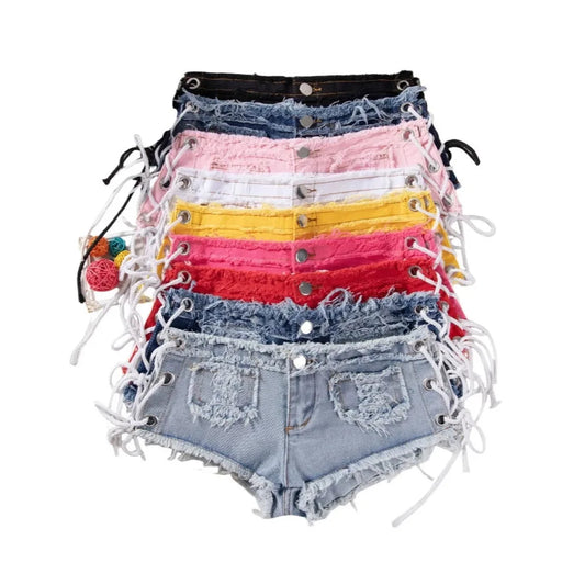 Women's Summer Sexy Low Waist Mini Denim Shorts Side Cross Lace-up Sexy Hot Pants Club Streetwear Jean Shorts