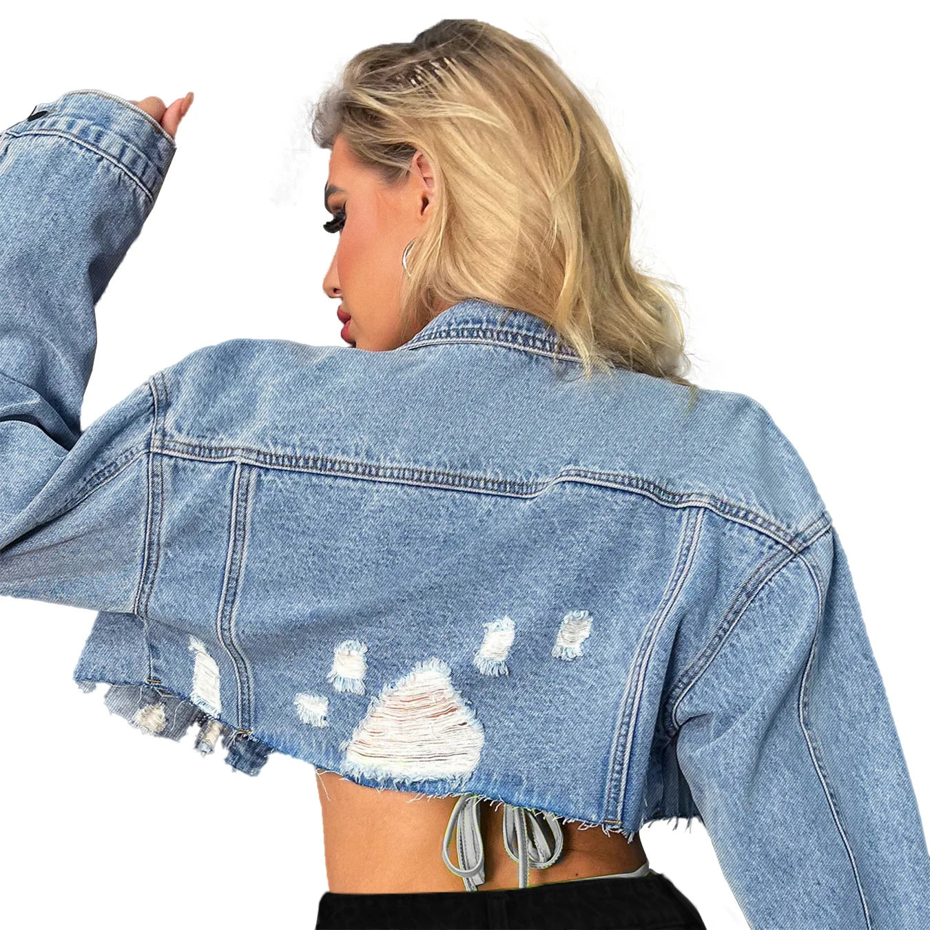 2023 Autumn New Long Sleeve Ripped Jacket Fashion Sexy Short Jeans Coat Casual Clothing XS-L
