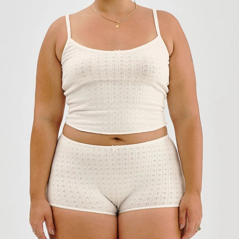 Women Casual Lounge Suit Vintage Cottage Eyelet 2 Piece Set Outfits Spaghetti Strap Camisole + Micro Shorts Y2K Kawaii Crop Tops