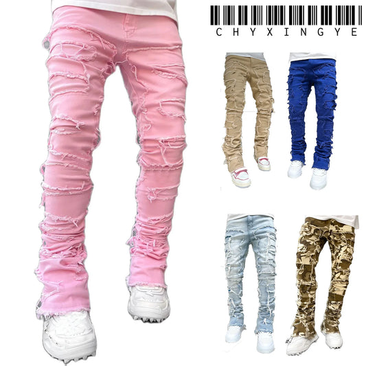 2025 New Men's Stacked Jeans Stretched Patchwork Tassel Damaged Denim Full Length Pants Hip-pop Trousers For Male