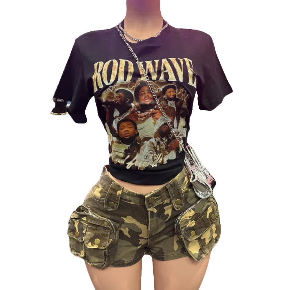 HLJ&GG Y2K Fashion Graphic Tshirts Two Piece Sets Women O Neck Short Sleeve Loose Top And Camouflage Pocket jeans Shorts Outfits