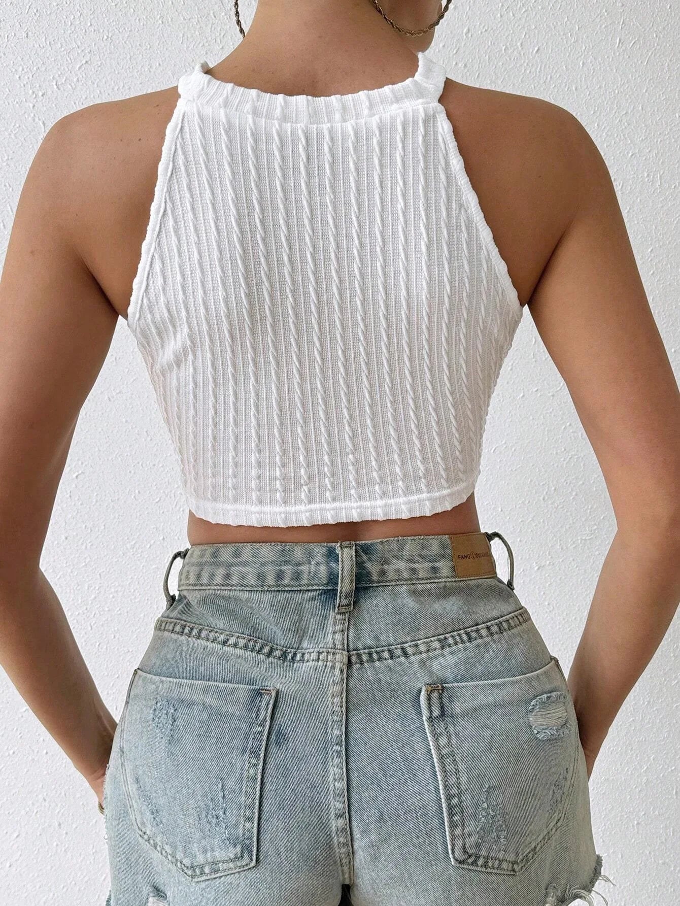 FairyShely Hollow Tassel Sleeveless Off Shoulder Halter Crop Top For Women