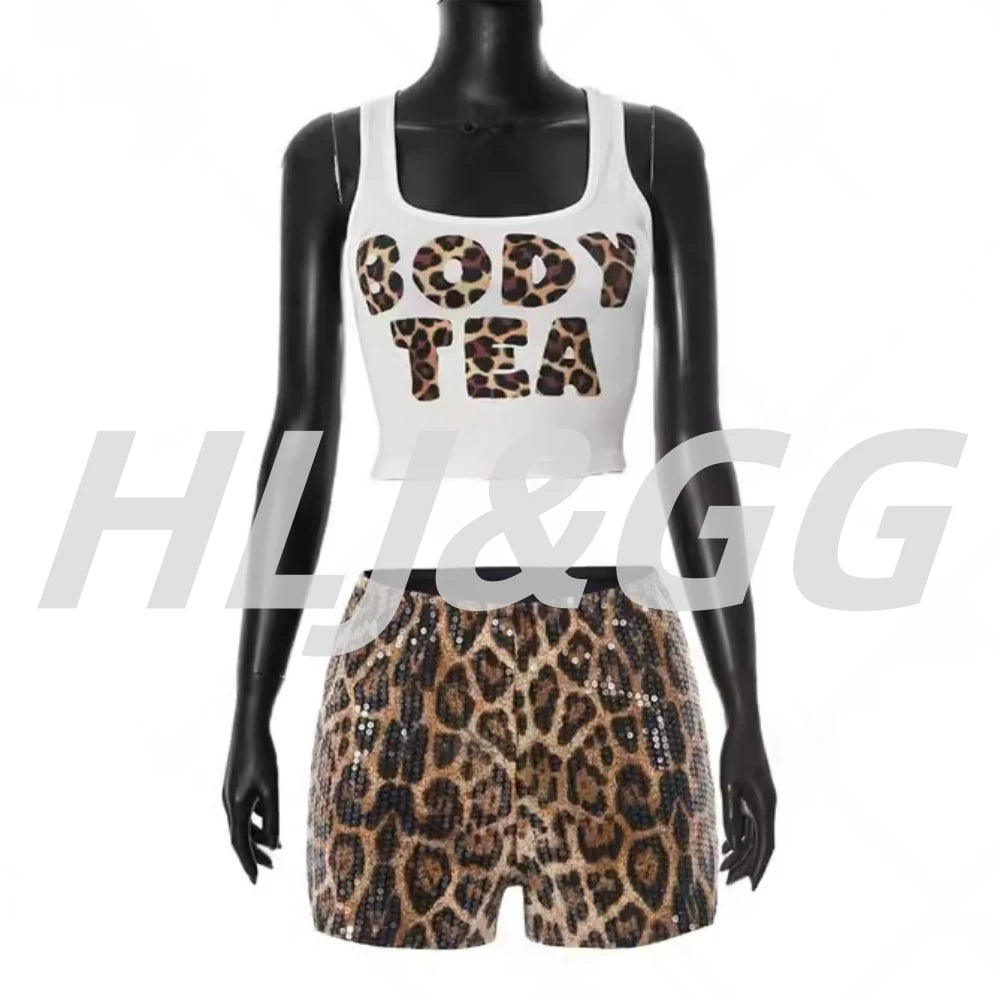 HLJ&GG Y2K Summer New Letter Tank Top Two Piece Sets Women Round Neck Sleeveless Vest + Sequin Leopard Shorts Outfits Streetwear