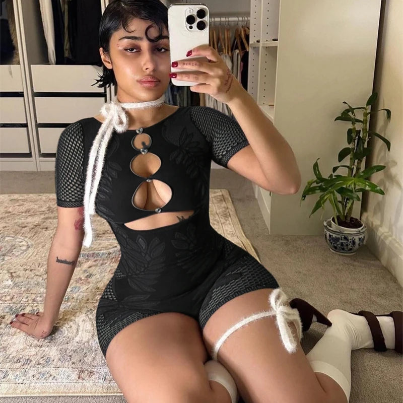Weird Puss Hollow Diamond Playsuits Woman Summer Sexy Short Sleeve O-Neck Sport Knit Casual Comfortable Streetwear Skinny Romper