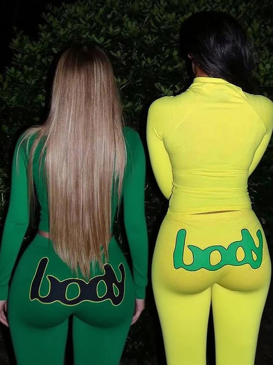 Weird Puss Casual Sporty Women2 Piece Set Letter Print Zip Crop Tops+Leggings Matching Street Stretch Skinny Streetwear Outfits