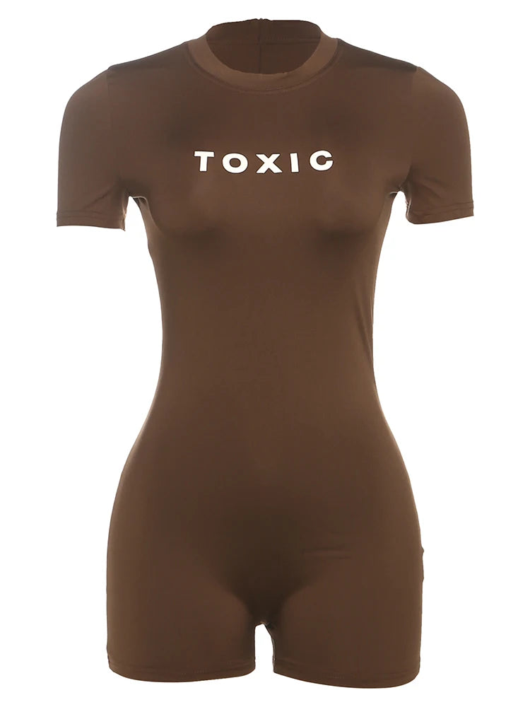 Weird Puss Letter Print Fashion Romper Women Body-Shaping  o-Neck Mini Sleeve Tight Peach Hip Casual Simple Workout Playsuits