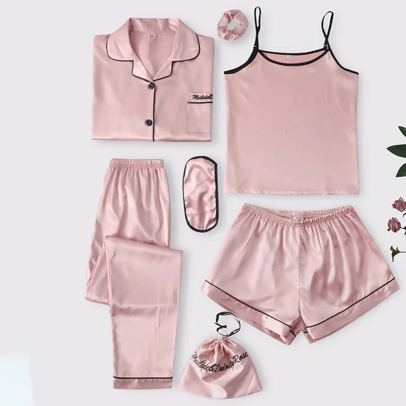 Women's Pajamas Set 7 Pieces Satin Sleepwear Pijama Silk Nightgown Suit Summer Women Home Clothing Printing Sleep Pyjama Femme