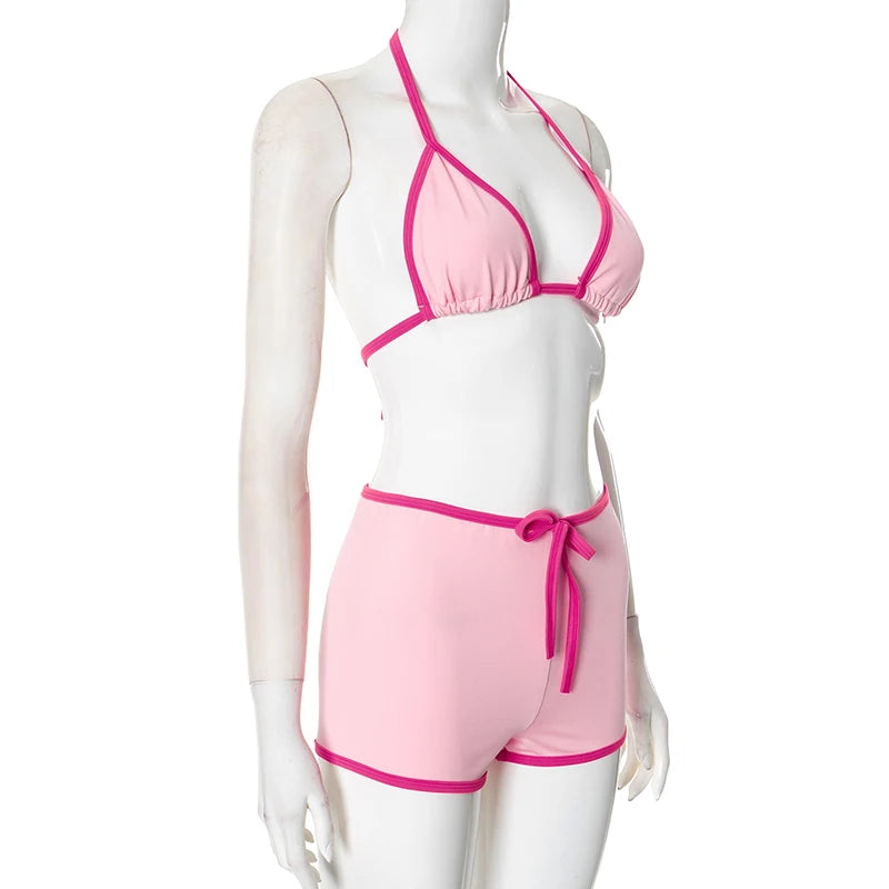 Weird Puss Contrast Bandage 2 Piece Set Women Sexy Halter Mini Bra+Skinny Swim Shorts Vacation Beach Party Style Trend Swimsuits