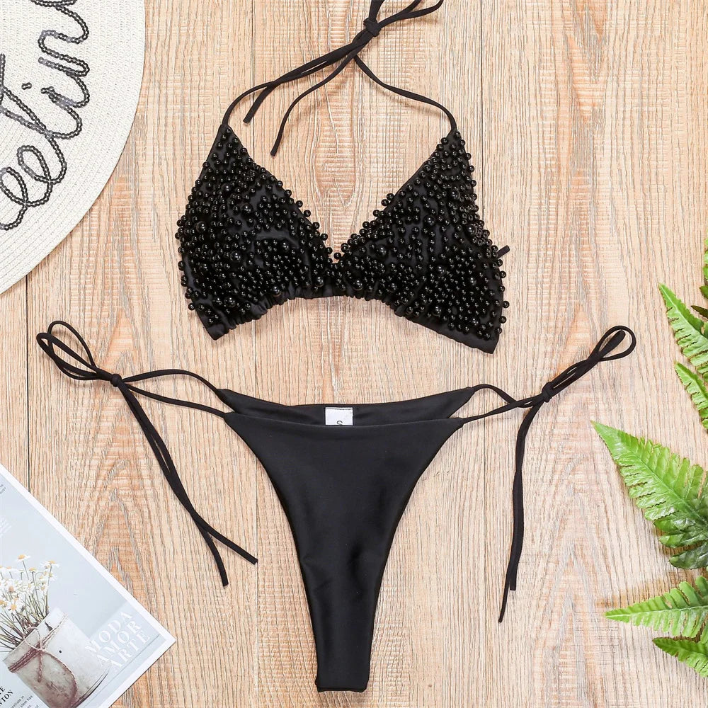 Pearl Bikini String Thong Swimsuit Kawaii Y2K Swimwear Trend Women Two Piece Bathing Suit Beachwear Bikinis Set Vacation Outfits