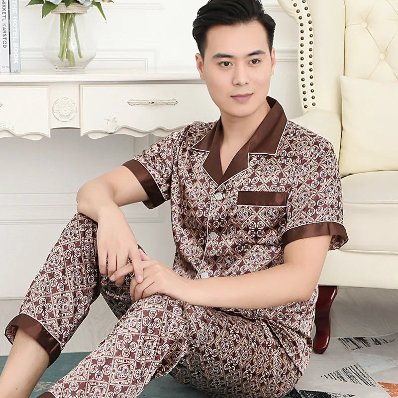 Silk Satin Pajamas for Men Sleepwear Cozy Soft Print Long Sleeve Nightgown Tops + Trousers Two Pieces Mens Pajama Set