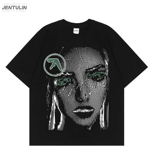 Vintage Punk Men Tops Aphex Twin Graphic Face T-Shirt Oversized Hip Hop Streetwear Harajuku T Shirt Gothic Cotton Clothing Loose