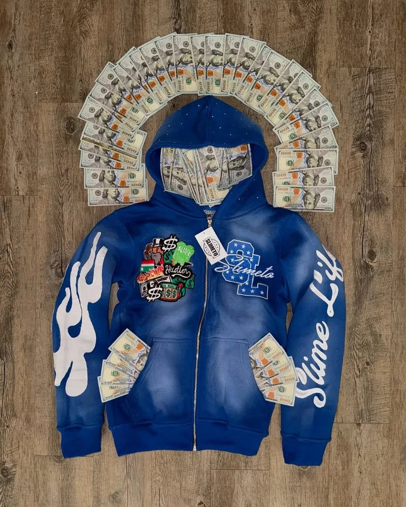 Harajuku Trend Brand Casual Loose Oversized Zipper Hoodie Men Y2k Gothic Retro Letter Flame Embroidered Sweatshirt Jacket Women