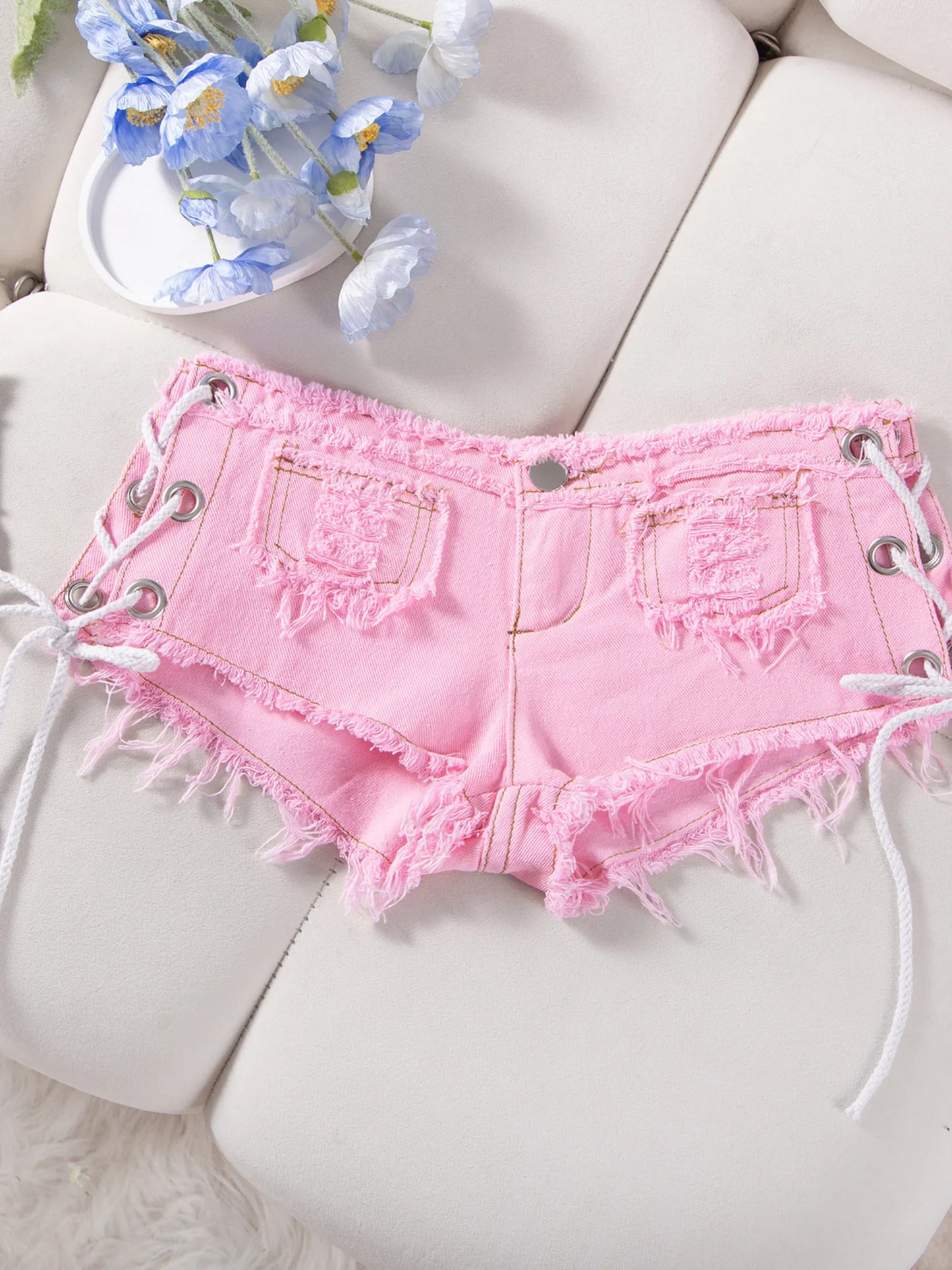 Women Low Rise Denim Shorts Side Lace Up Ripped Frayed Hem Y2K Summer Hot Pants Sexy Streetwear 2026