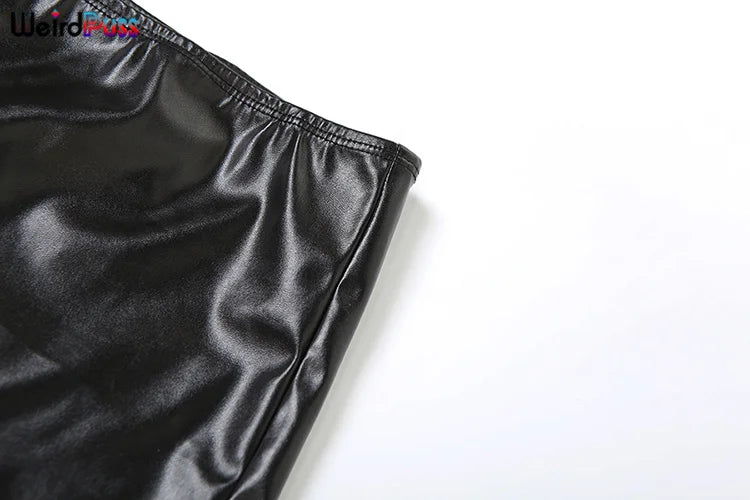 Weird Puss Faux Leather Sexy 2 Piece Set Women Hipster Strapless Shirring Hollow Strapless Tops+Shorts Midnight Clubwear Outfits