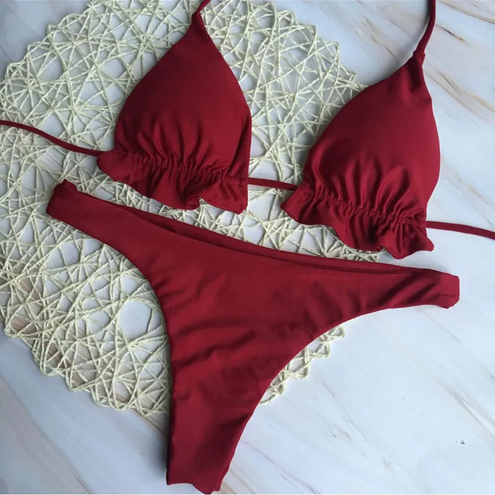 Summer Brazilian Bikini Set Women Sexy Bandage Top Thong Bottom Set Push-up Swimwear Lace Up Swimsuit Beachwear