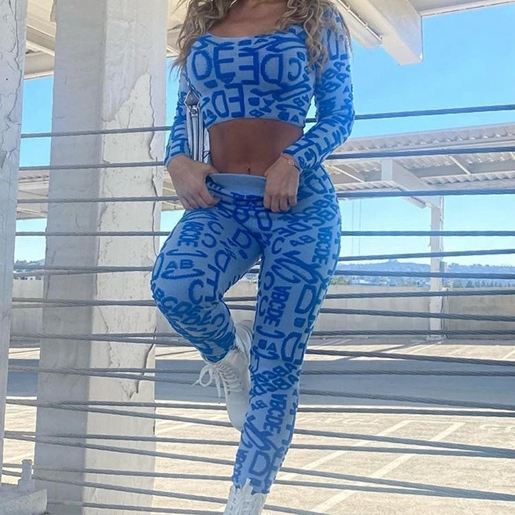 STYLISH LADY Letter Printed Sporty 2 Piece Set Women Long Sleeve Crop Top and Skinny Pant Suits 2025 Summer Sexy Street Outfits